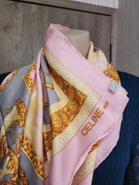 Celine Pink, Gold & Gray Silk-Style Printed Scarf